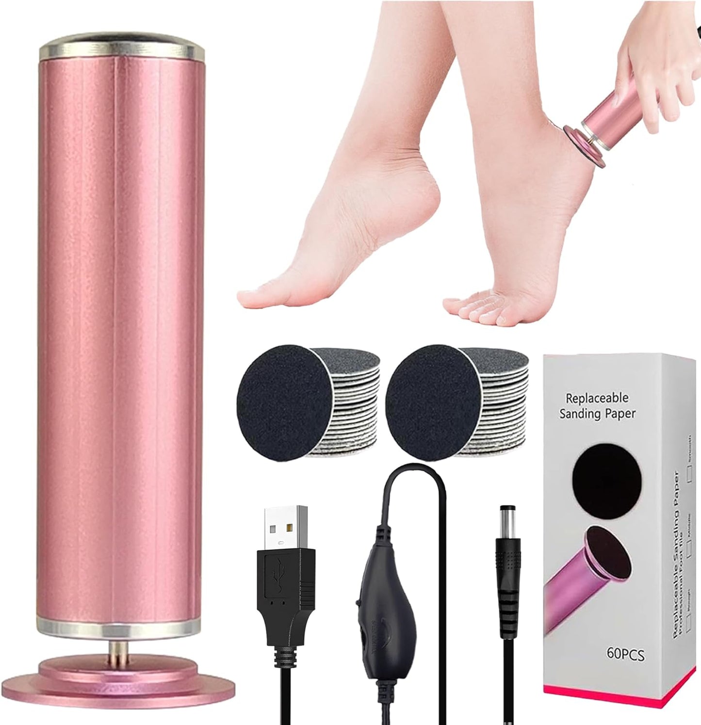 Electric Callus Remover - USB Powered Foot File with Speed Controller & 60 Replacement Sandpaper Disks | Pink