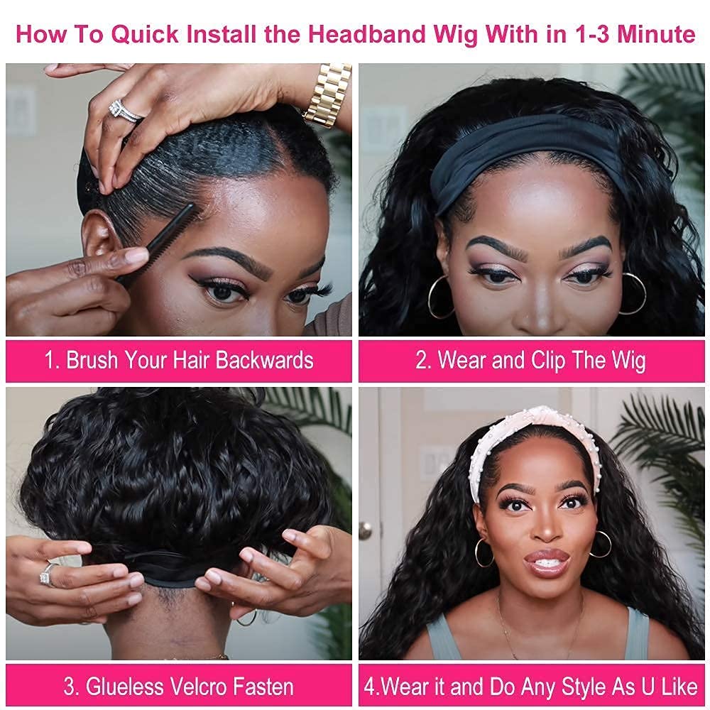 mengkai Deep Wave Lace Front Wigs Human Hair For Women Headband Wig Human Hair Deep Wave Glueless None Lace Front Wig Curly Headband Half Wigs for Women Brazilian Virgin Machine Made Wig 12 Inch