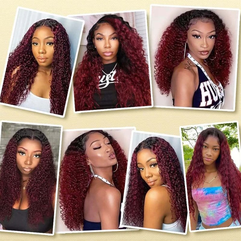 Burgundy Curly Bundles Human Hair Ombre Burgundy Human Hair Bundles 1B99J Bundle 12 14 16 Inch Double Weft Brazilian Virgin Remy Hair Extensions For Women Deals 300G