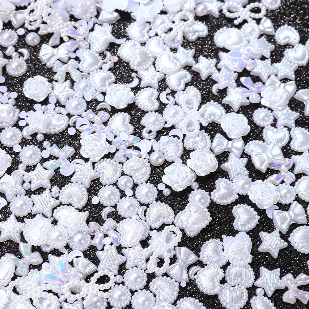 ShynyShy Nail Charms for Nails Design, Bow Nail Charms, 1200PCS 3D Multi Shapes Pearl Nail Jewels for Nail Art, Kawaii/Cute Nail Charms for Aacrylic Nails, Heart Star Butterfly for Craft (White)