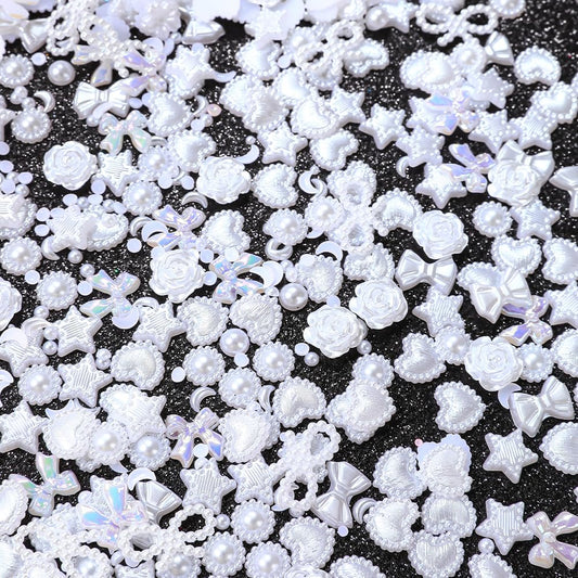 ShynyShy Nail Charms for Nails Design, Bow Nail Charms, 1200PCS 3D Multi Shapes Pearl Nail Jewels for Nail Art, Kawaii/Cute Nail Charms for Aacrylic Nails, Heart Star Butterfly for Craft (White)