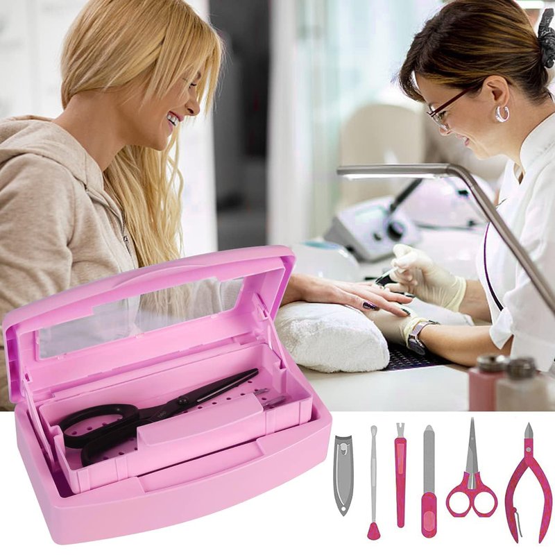 Gusnilo Sanitizing Tray - Disinfectant Container Nail Tool Sterilizer Box Plastic Sanitizing Box for Nail Tools, Hair Salon,Spa (Clear Lid, Pink)