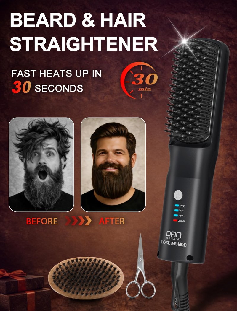 Beard Straightener for Men, Tourmaline Ceramic Heated Beard Brush with Anti-Scald Design, 3 Heat Settings for Medium to Long Beards, Beard Grooming Kit,Father's Gift