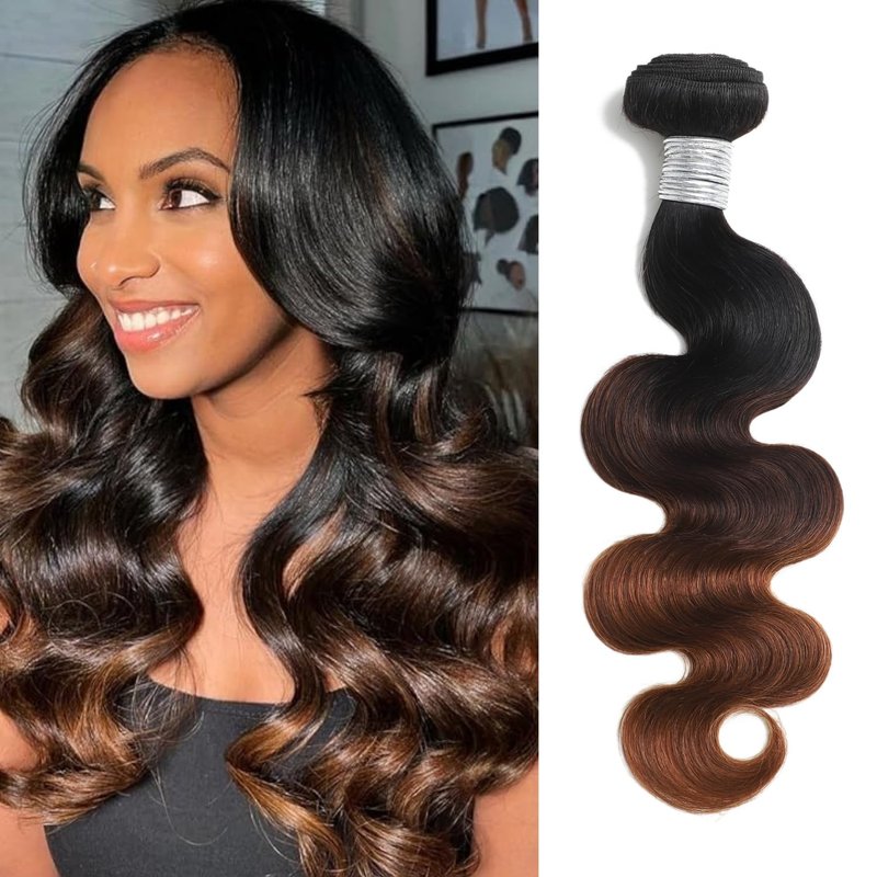 ANMETAN Dark Brown Ombre Body Wave Bundles Human Hair, Thick 12A Chestnut Brown T1B/2/30 3 Tone Ombre Color Human Hair Single Bundle with Dark Root 100% Remy Hair Bundle Keep Soft after Washes 16 Inch