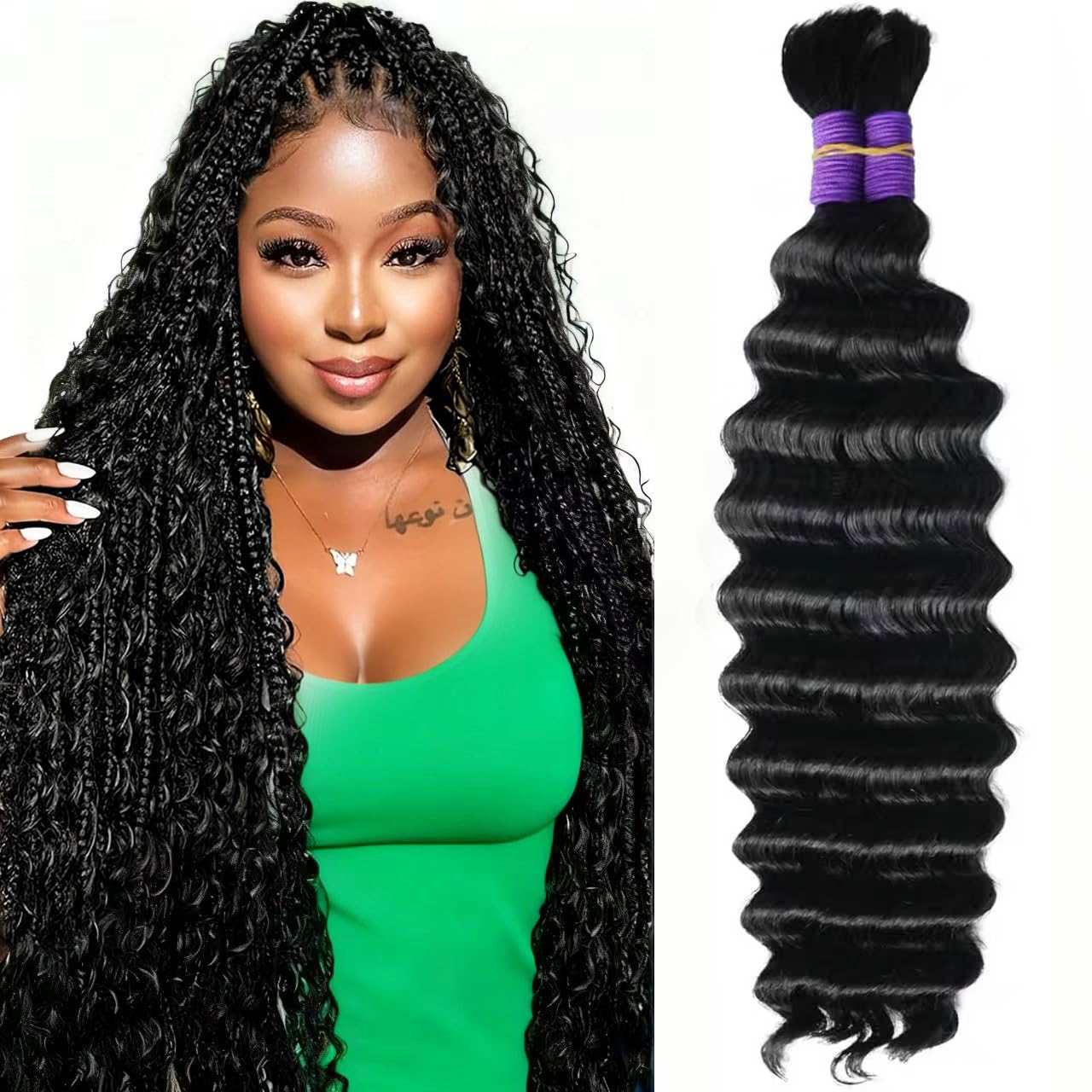 Human Braiding Hair - Deep Water Wave Bundles for Boho Braids | Pre-Stretched 18 Inch, Natural Color, 110g (2 Packs)