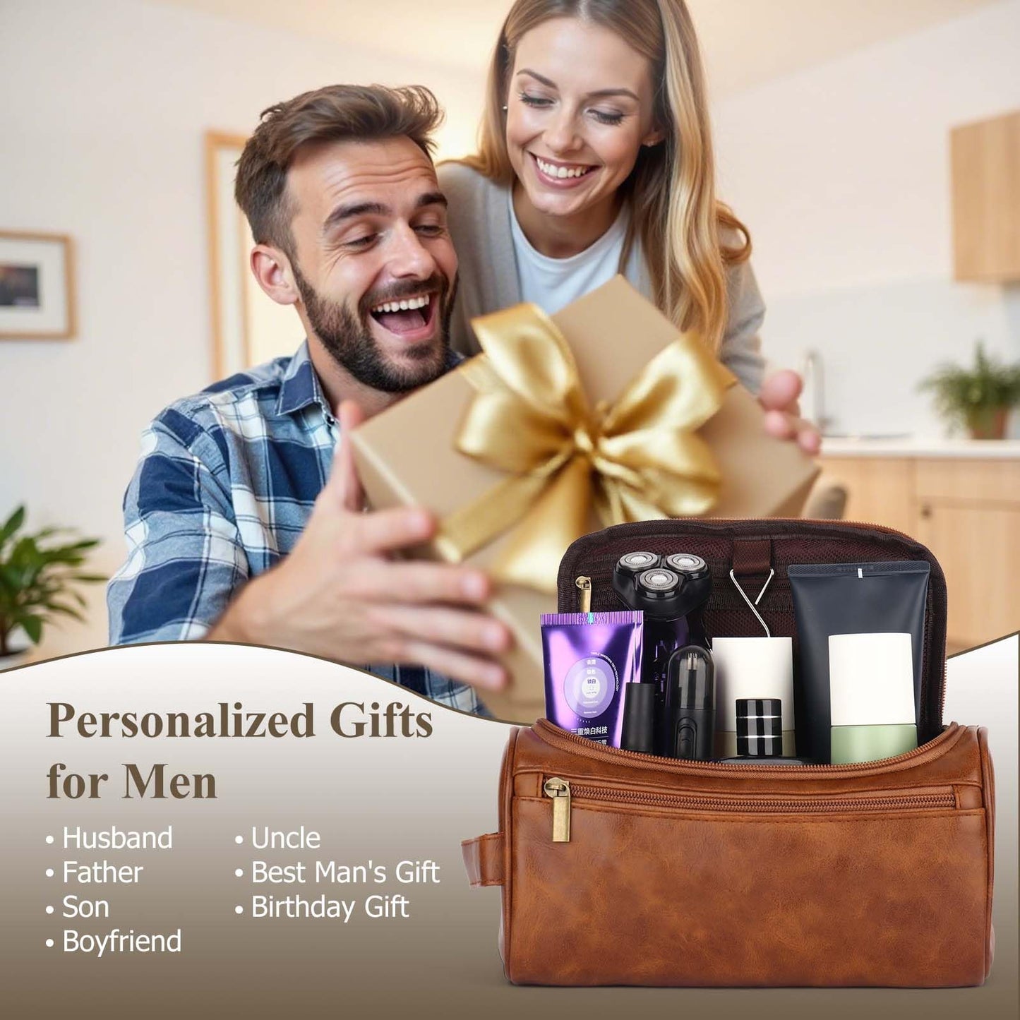 OXYEFEI Personalized Toiletry Bag for Men,Personalized Gifts for Men,Engraved Initial PU Leather Mens Toiletry Travel Shaving Travel Essentials Toiletries Bag for Him Birthday (K, Light Brown)
