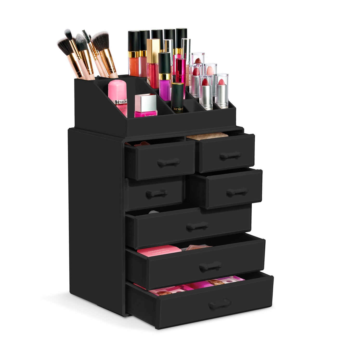 Sorbus Makeup Organizer, Brush Holder and Make Up Storage Drawers - Acrylic Makeup organizer for vanity, Bathroom - Cosmetic Display Cases with 3 large, 4 Small Drawers & 1 Tray for Makeup Brush