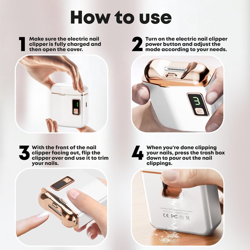 Automatic Electric Nail Clipper - Rechargeable Fingernail & Toenail Trimmer for All Ages | 3 Speed Levels, USB-C, LED Light