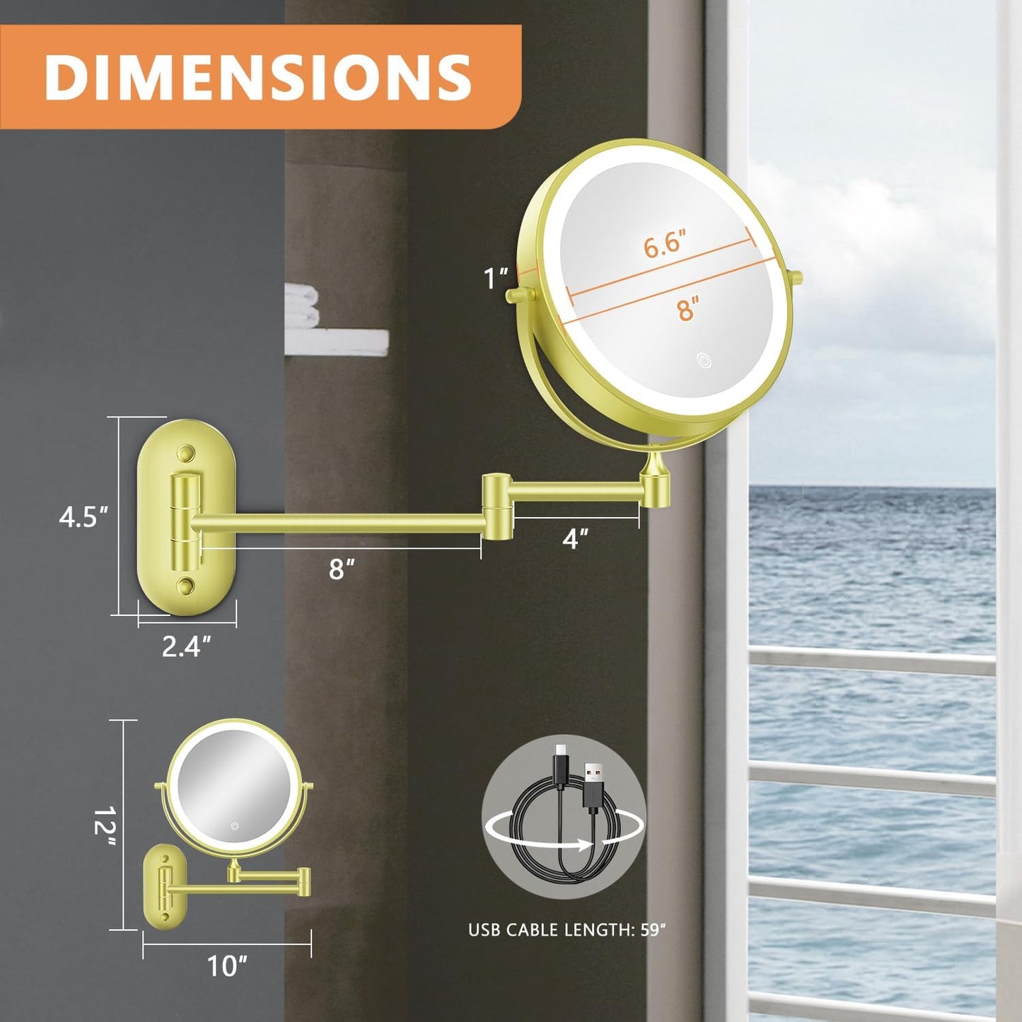 Auxmir Wall Mounted Makeup Mirror - 1X/30X Double-Sided Magnifying, Dimmable 3-Color Light, 360° Rotation | 8" Gold Finish