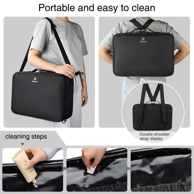 MONSTINA Travel Makeup Train Case,13.8 inches Large Cosmetic Case,Makeup Brush Holder Organizer and Storage with Adjustable Dividers and Shoulder Strap (Black)