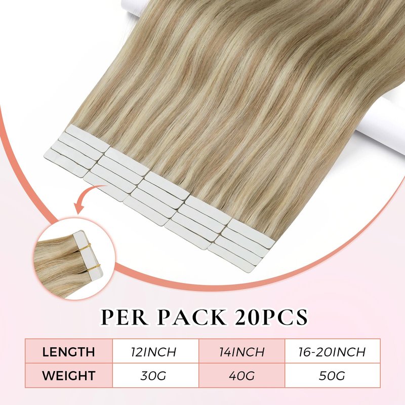 MEI YUAN LIN tape hair extensions real human hair 16 Inch Color 18 Ash Blonde and 613 Light Blonde Invisible Tape Ins PU weft 50Grams 20Pcs Silky Straight