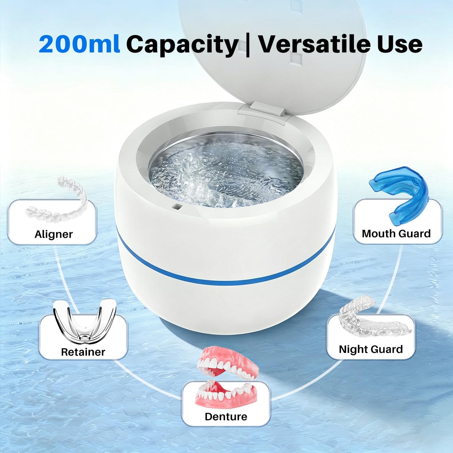 Voraiya Ultrasonic Retainer Cleaner Machine 45kHz 4 U-V Lights Dental Cleaning Pod 2 Modes 200ml, Dentist-Designed Ultrasonic Dental Retainer Cleaner for Dentures, Aligners, Night Guards, Mouth Guards