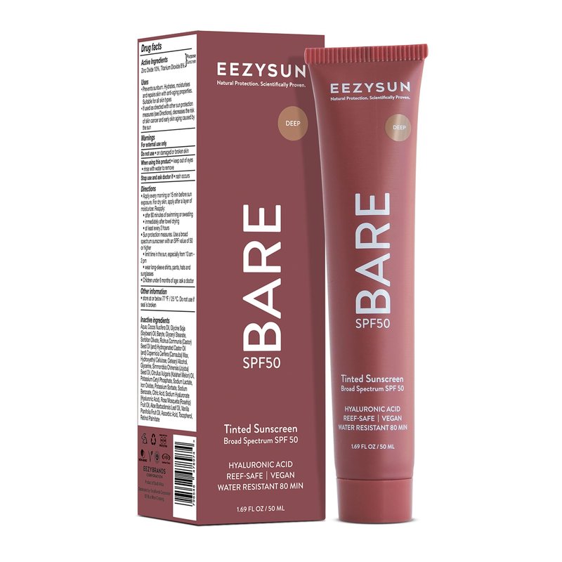 EEZYSUN BARE Tinted Sunscreen for Face SPF 50 - Non-Greasy, Weightless, Water-Resistant, Vegan & Reef-Safe Tinted Moisturizer with SPF, Hyaluronic Acid, Jojoba Oil - All Skin Types, 1.69 fl oz - Tan