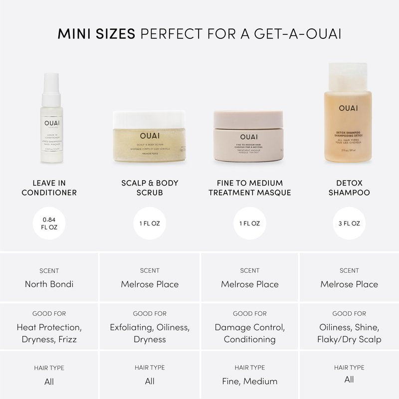 OUAI Travel Kit - Includes Travel Size Leave In Conditioner, Detox Shampoo, Fine to Medium Hair Mask, Scalp & Body Scrub (4 Count)
