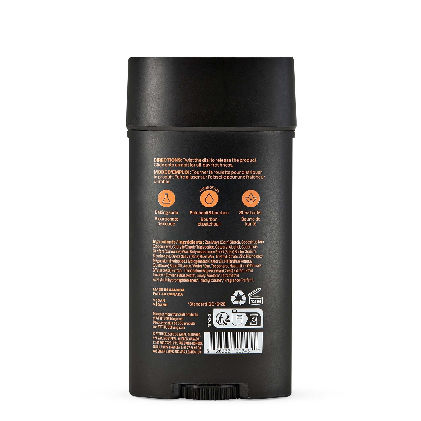 ATTITUDE Aluminum-Free Deodorant for Men, 95% Natural Origin Ingredients, EWG Verified, Plant Based Odor Control, With Baking Soda, Patchouli & Bourbon, 2.64 Oz
