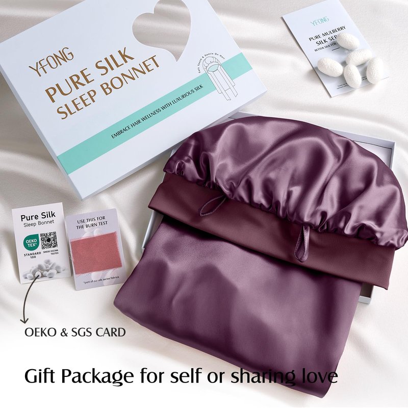 YFONG Double-Layered 100% Pure Mulberry Silk Bonnet for Long Hair, 22 Momme Sleep Bonnet for Sleeping with Elastic Tie Band, Real Silk Sleep Cap for Women Long Curly Hair, Purple
