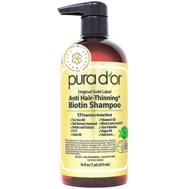 PURA D'OR Original Gold Label Anti-Thinning Shampoo - CLINICALLY TESTED - Biotin & Argan Oil – Sulfate-Free Strengthening & Volumizing for Fuller-Looking Hair, Men & Women, Natural Earthy Scent 16 oz