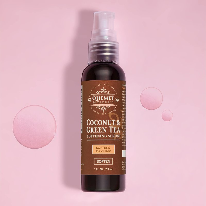 Qhemet Biologics Coconut & Green Tea Softening Serum - Lightweight Hair Serum to Soften, Smooth & Revitalize Dry Hair - Adds Slip and Shine to Thin, Fine, Low Porosity Strands (2 oz)