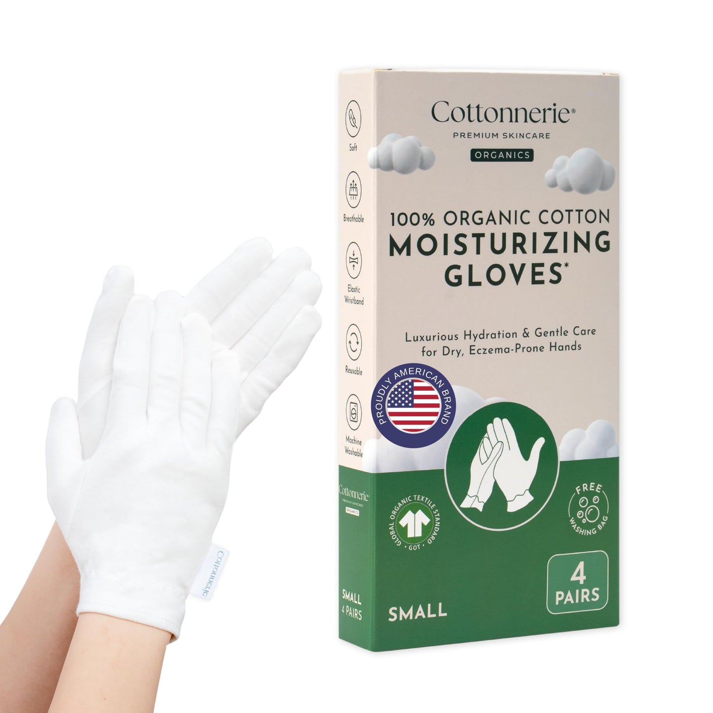 4 Pairs Cottonnerie Organic Cotton Gloves for Dry Hands Sleeping, Moisturizing Gloves Overnight, Hand Moisturizer Gloves, Moisture Gloves for Dry Hands Overnight, Sleeping Gloves, Small