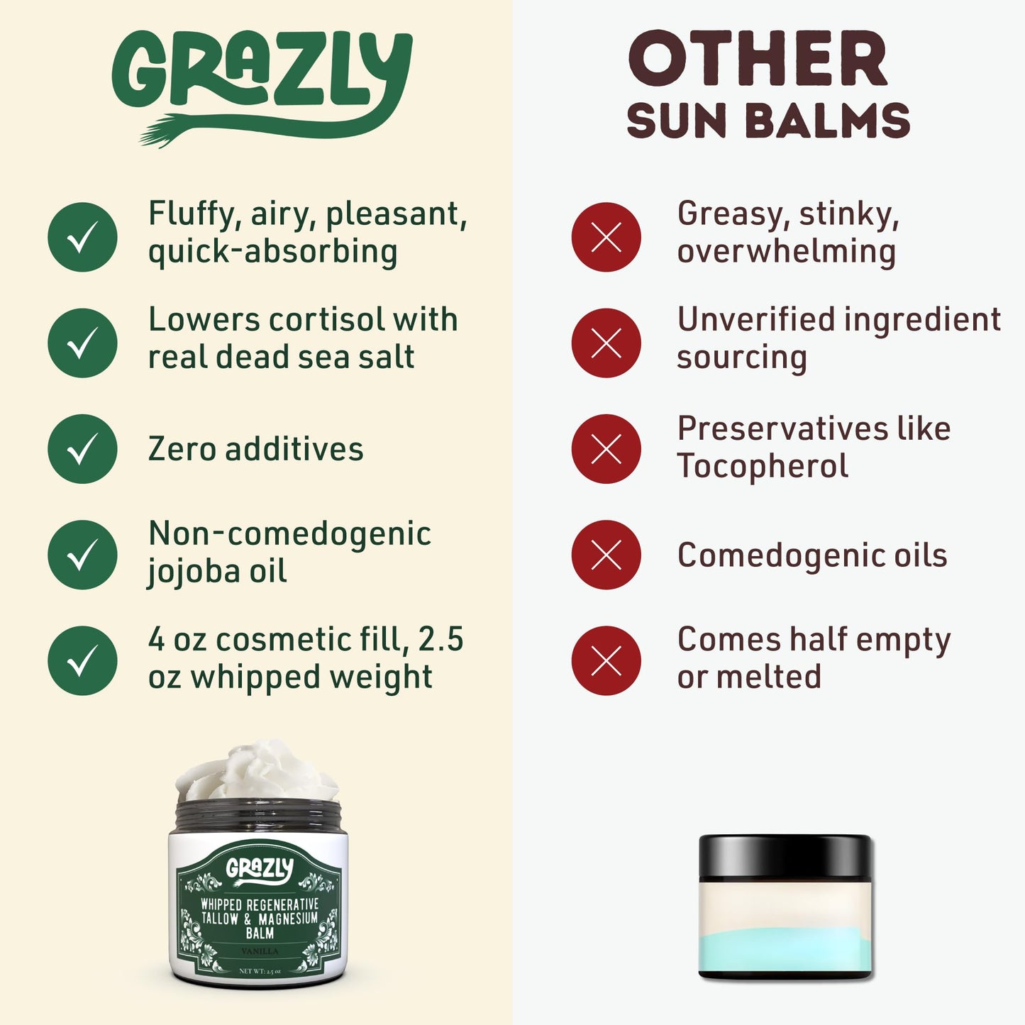 Grazly Whipped Beef Tallow for Skin - Vanilla, 2.5 oz
