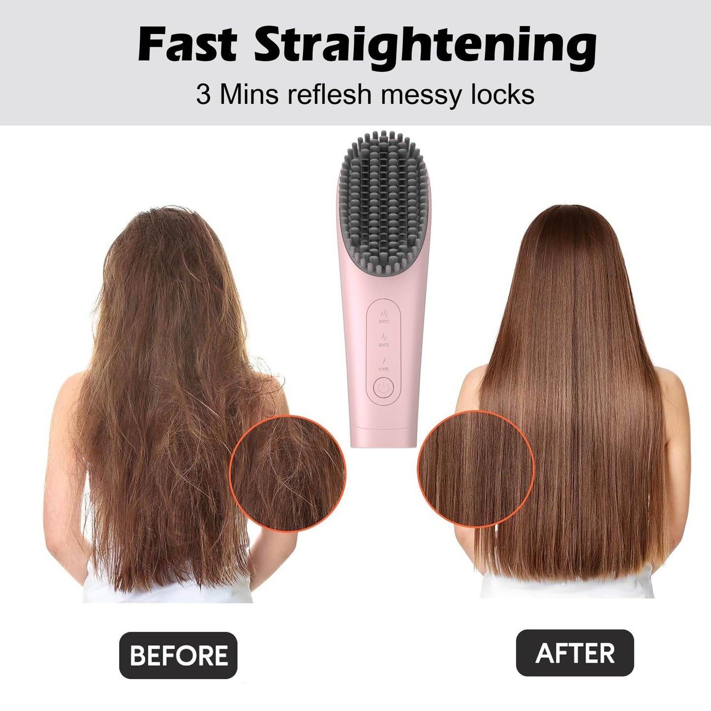 Go Brush Pro Cordless Portable Hair Straightener Brush - 30s Quick Heat, 150M Negative Ions, USB-C Rechargeable, 7000mAh - Pink for Women & Travel