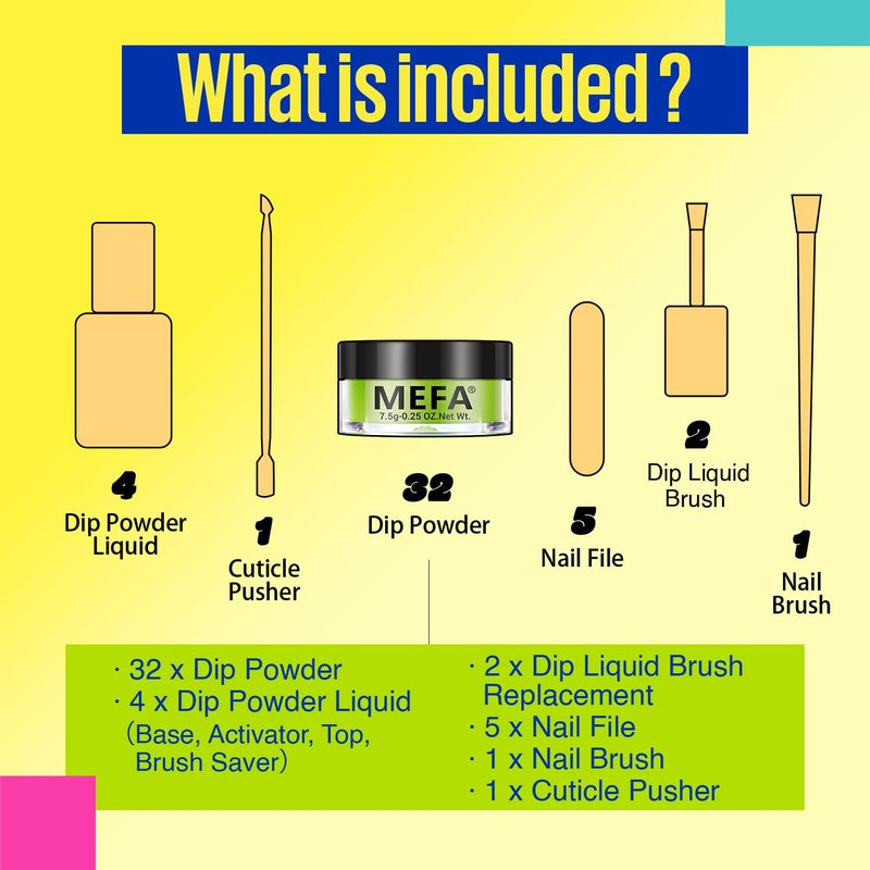MEFA Dip Powder Nail Kit - 32 Vibrant Colors for Spring & Summer | Hot Pink, Pastel Violet, Neon Orange, Glitter & Shimmery Finishes