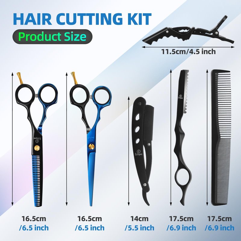 Ethyxe Hair Cutting Shears Sets - Professional 9 PCS Haircut Scissors Kit with 6.5" Thinning/Texturizing Scissors (29 Teeth) and Straight Shears for Men Women Home Salon (Black & Blue)