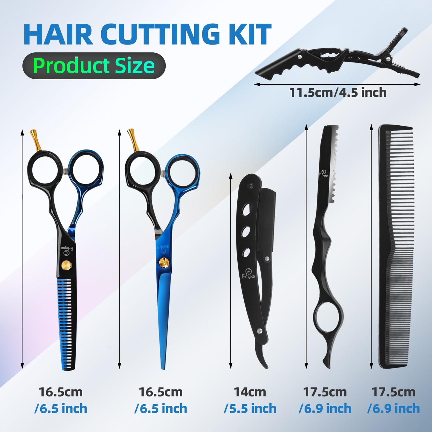 Ethyxe Hair Cutting Shears Sets - Professional 9 PCS Haircut Scissors Kit with 6.5" Thinning/Texturizing Scissors (29 Teeth) and Straight Shears for Men Women Home Salon (Black & Blue)