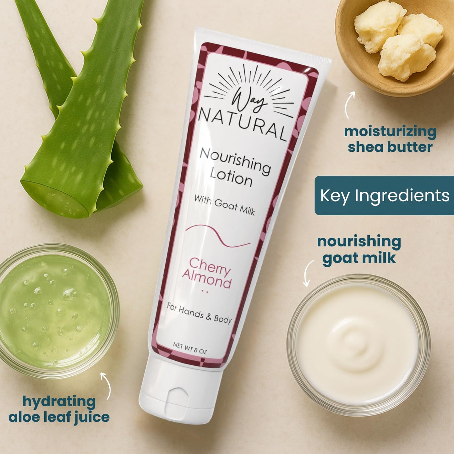Way Natural Nourishing Goat Milk Lotion, Cherry Almond - Home & Away Set, Natural Hand & Body Cherry Almond Lotion for Dry Skin - Goat Milk Hand Cream for Women & Men - 8oz & 2oz Travel Size Tube