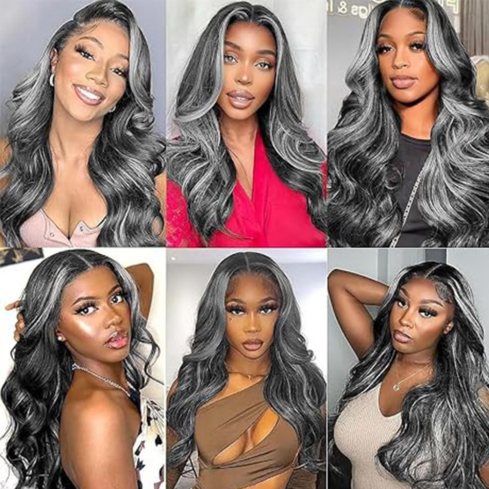 Bafamiya Highlight Grey Human Hair Bundles Body Wave 14 16 18 Inch P1B/Grey Bundles Human Hair 3 Bundle 300g Total Unprocessed Brazilian Virgin Hair for Black Women
