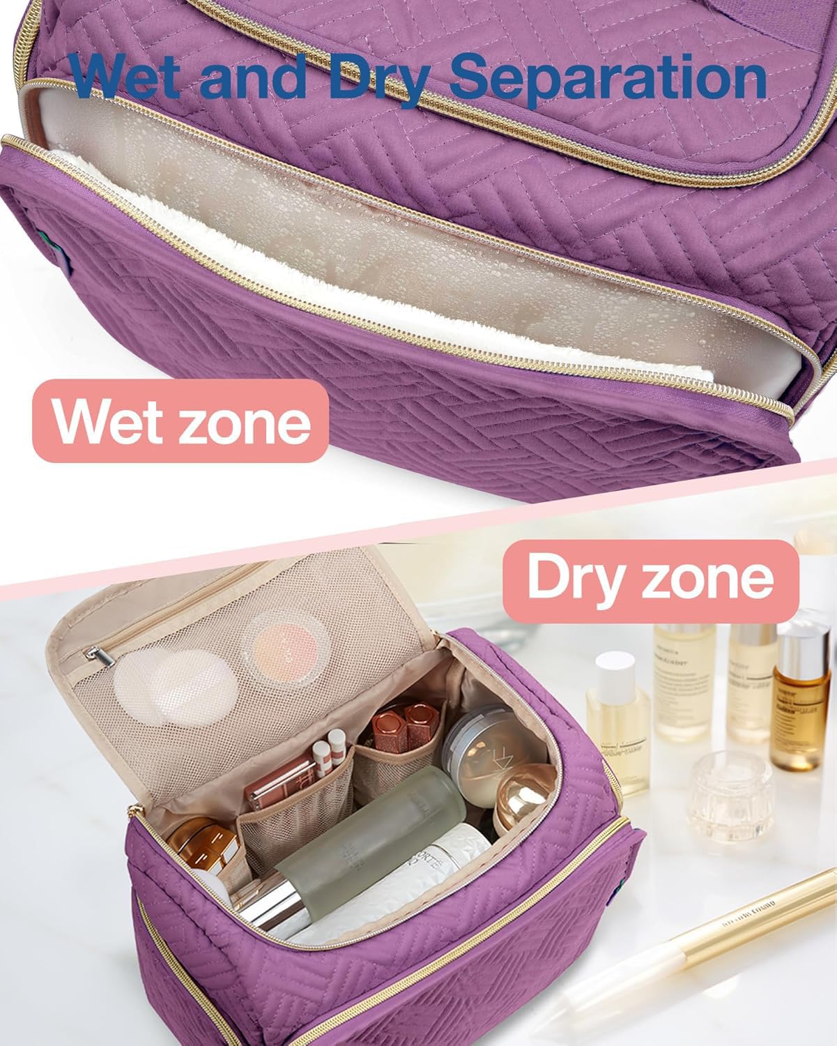 BAGSMART Travel Toiletry Bag, Large Wide-open Travel Bag for Toiletries, Makeup Cosmetic Travel Bag with Handle, Purple-Large