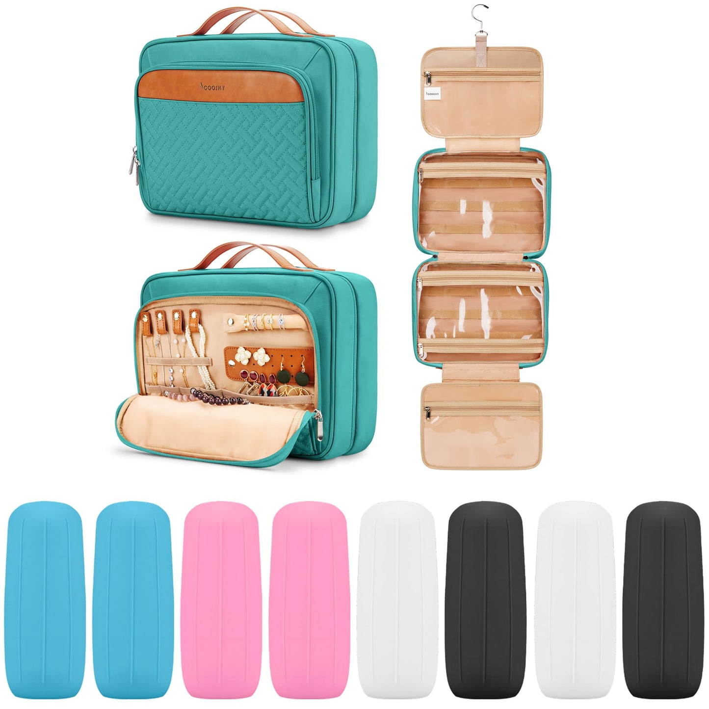 COOSKY Travel Hanging Toiletry Bag for Women, Large Makeup Bag 8 Leak Proofing Silicone Bottle Covers, Waterproof Cosmetic Bag with Jewelry Organizer Compartment, Toiletries Kit Set, Blue