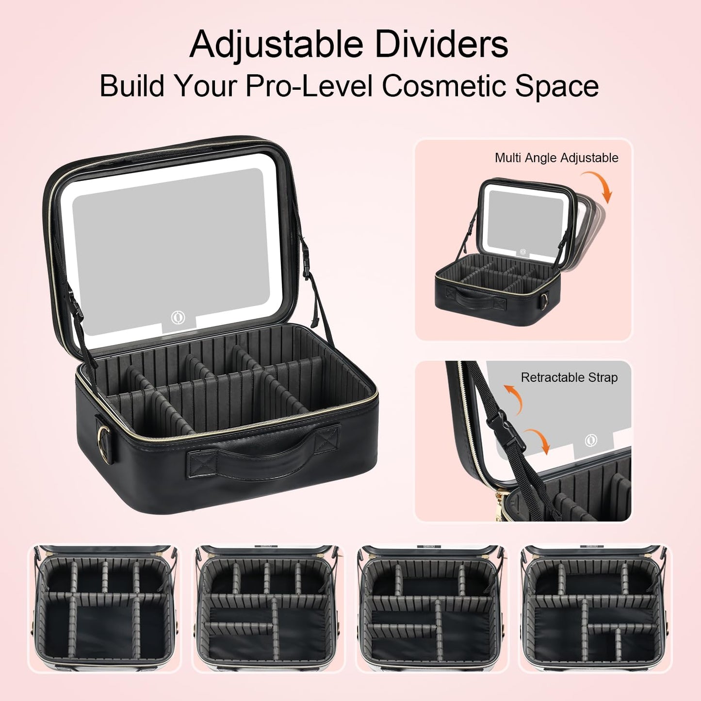 Makeup Case with LED Light Mirror, Professional Portable Travel Cosmetic Organizer Bah with Adjustable Dividers, USB Charging, Large Capacity, Ideal for Travel, Gift for Women Girls, Black