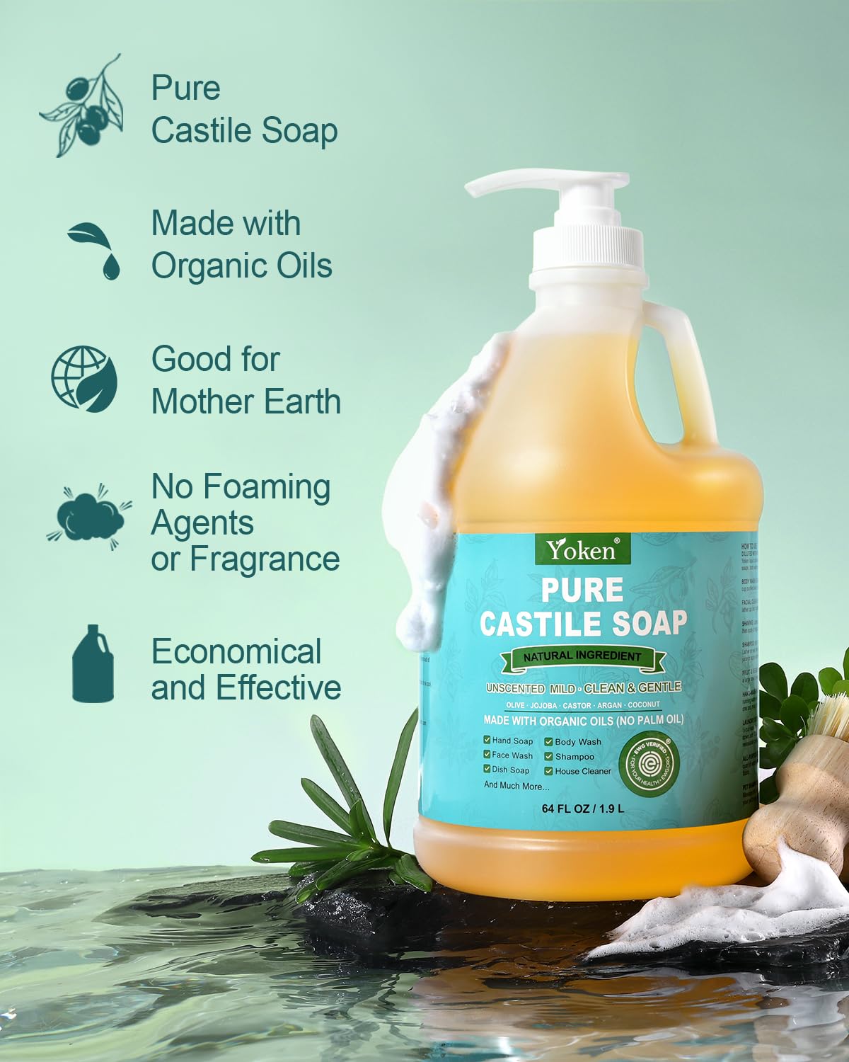 Yoken Organic Castile Soap Liquid - EWG Verified Unscented 64 oz | Gentle, Natural Clean for Body, Face, Dishes & Laundry
