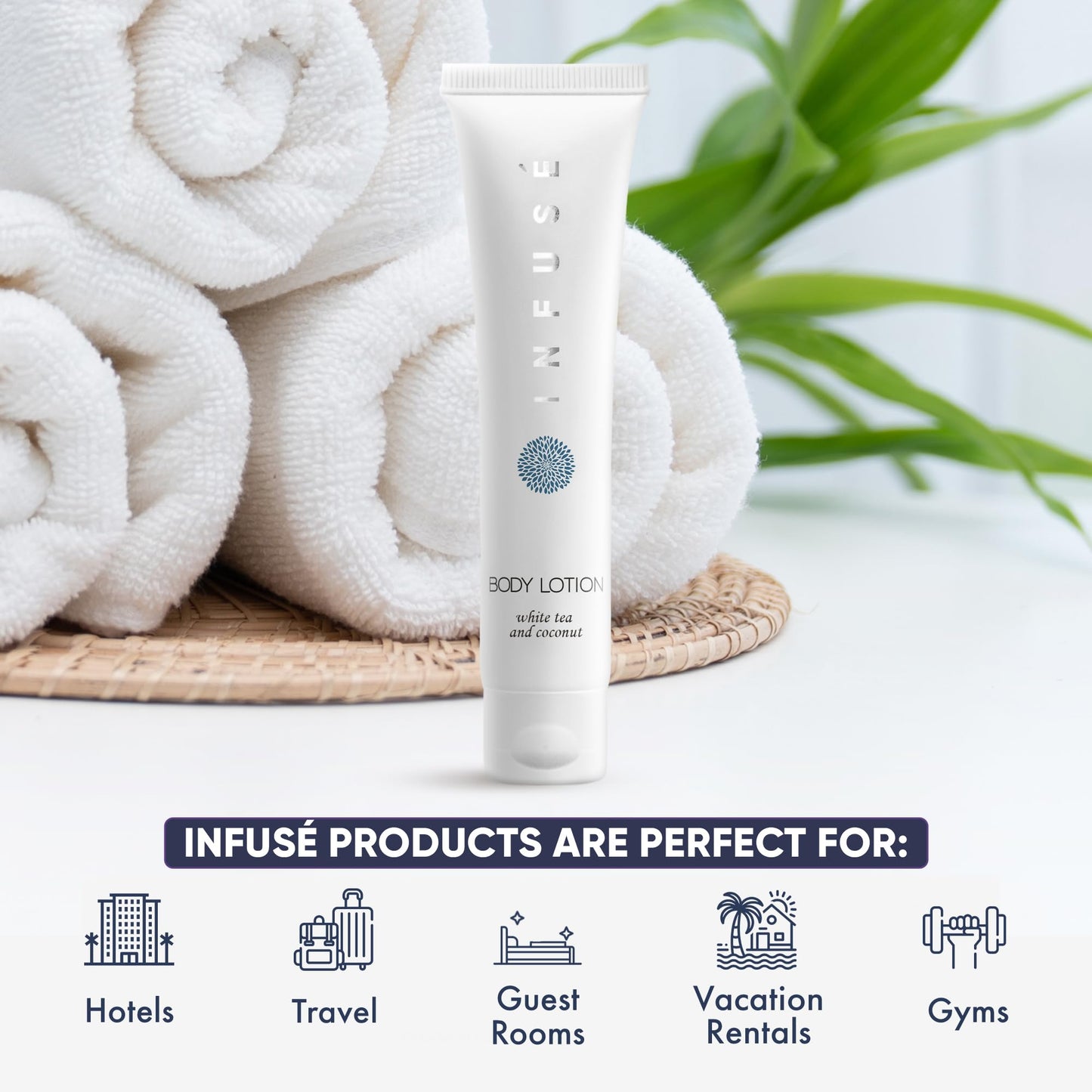 Travel Size Hotel Body Lotion 20 Count 1 oz Bottles Guest Amenities for Hotels Vacation Rentals and Short Term Rentals Paraben Free White Tea and Coconut Scent Infused with Aloe & Olive Oil by INFUSE