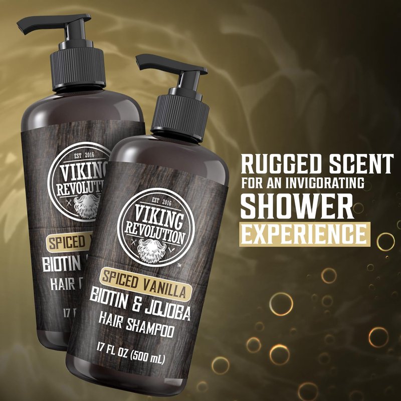Viking Revolution Spiced Vanilla Mens Shampoo and Conditioner Set with Biotin and Jojoba Oil - Natural Hair Shampoo and Hair Conditioner for Men with Vitamin B5 - Mens Shampoo for Thinning Hair (17Oz)