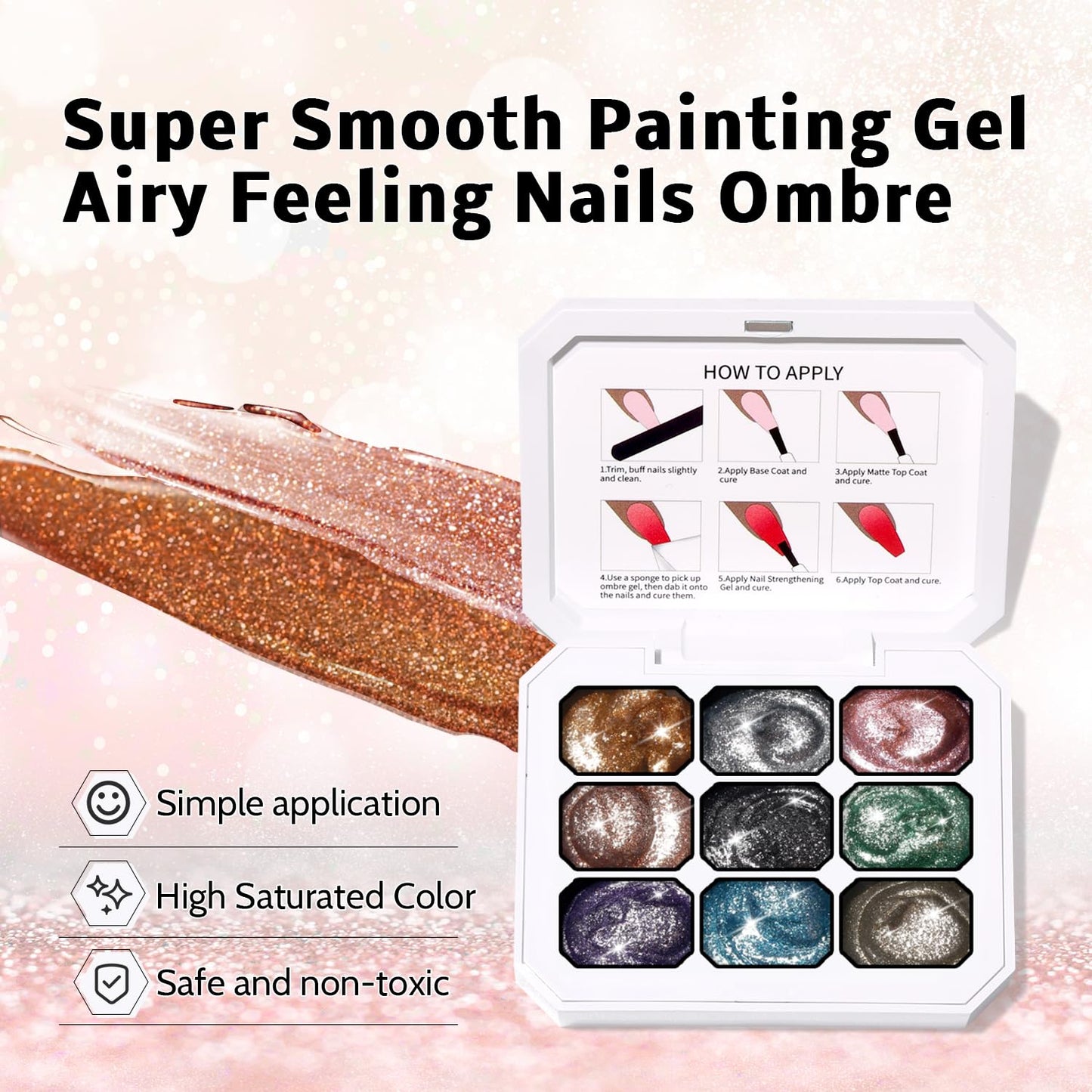 Ombre Nail Gel Set - 9 Colors Sponge Pat Paint for Floral Nail Art, No Wipe, UV/LED Curing