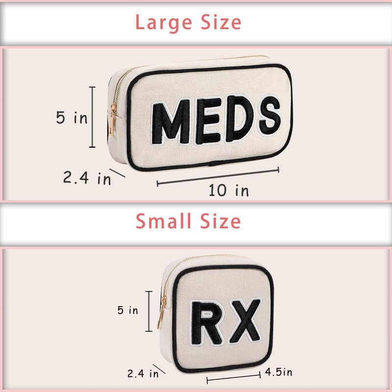 RSRSLEII 2Pcs Small Canvas Rx MEDS Medicine Packages, Cute Chenille Letter Patch Drug Makeup Bag with Metal Zipper, Mini Travel First Aid Purse Organizer Machine Washable (05RX and MEDS)