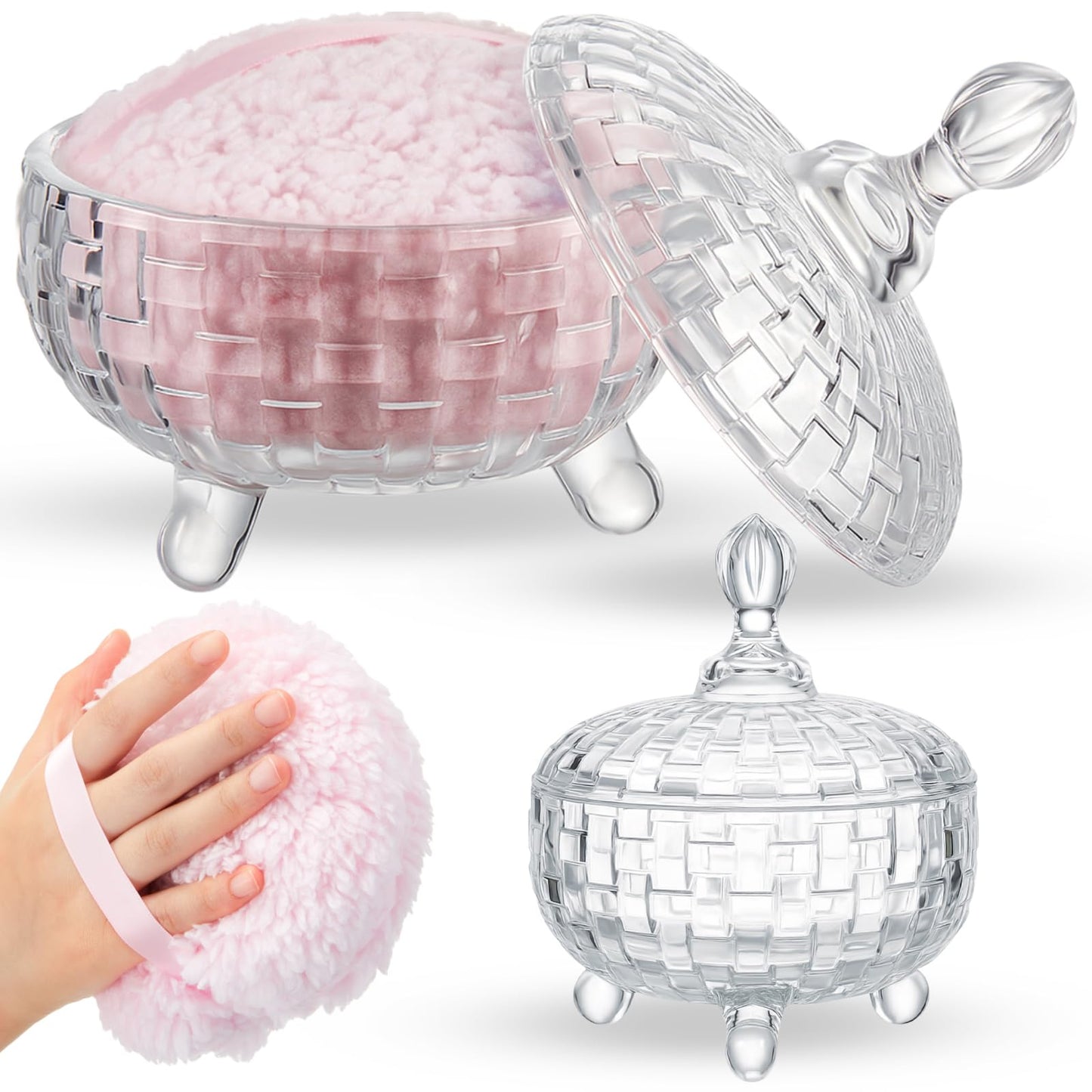 Tioncy 2 Pcs Extra Large Dusting Powder Puff and Container for Women-6'' Glass Crystal Dusting Powder Container with Body Soft Washable Reusable Velour Face(Clear,Weave Design)
