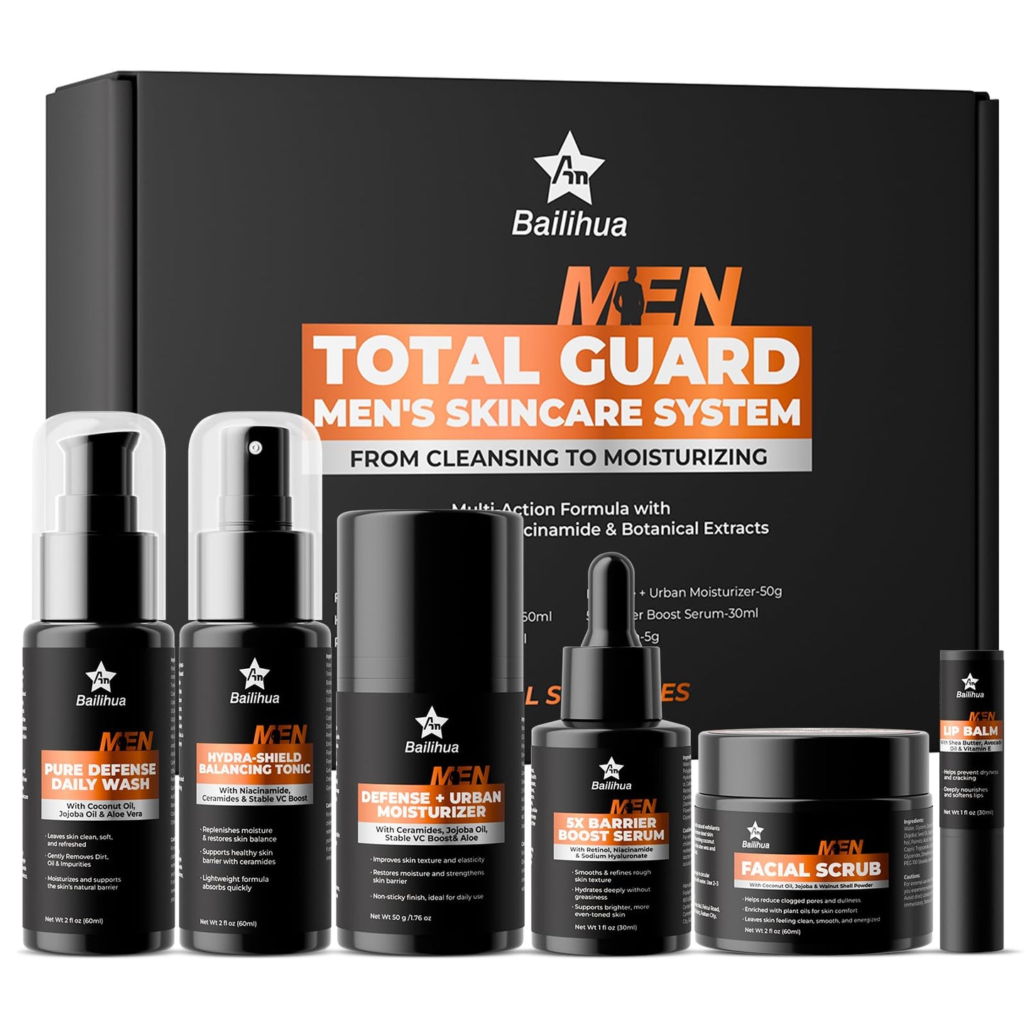 Gift for Men Skincare Men's Skin Care Facial Kit Complete Routine Kit with Niacinamide & Ceramides - Face Cleanser, Scrub, Toner, Serum, Moisturizer Cream, Lip Balm - Christmas, Valentine's Day Gifts