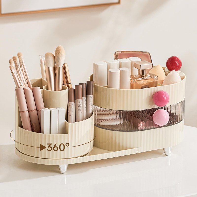 UFORU Makeup Organizer Countertop for Vanity with 360° Rotating Brush Holder, 3 Layer Cosmetic and Jewelry Storage, Makeup Display Case for Skincare&Perfume (Cream White)
