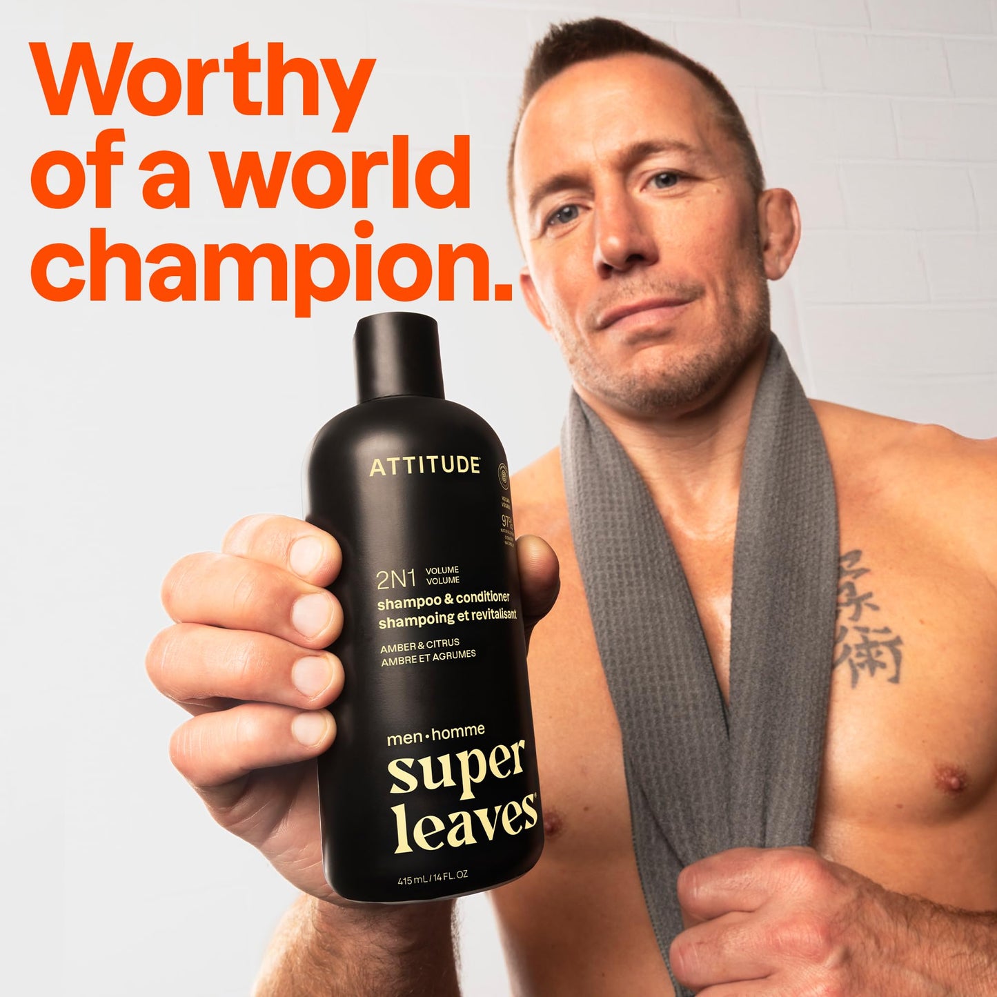 ATTITUDE Men's Shampoo and Conditioner 2-in-1, Volumizing for Thin Hair, With Rosemary and Rice Protein, 97% Natural Origin Ingredients, EWG Verified, Amber & Citrus, 14 Fl Oz