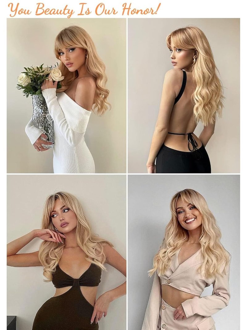 Blonde Wig with Bangs - Long Wavy Ombre Synthetic Hair | Light Ash Blonde with Dark Roots, Perfect for Halloween & Christmas
