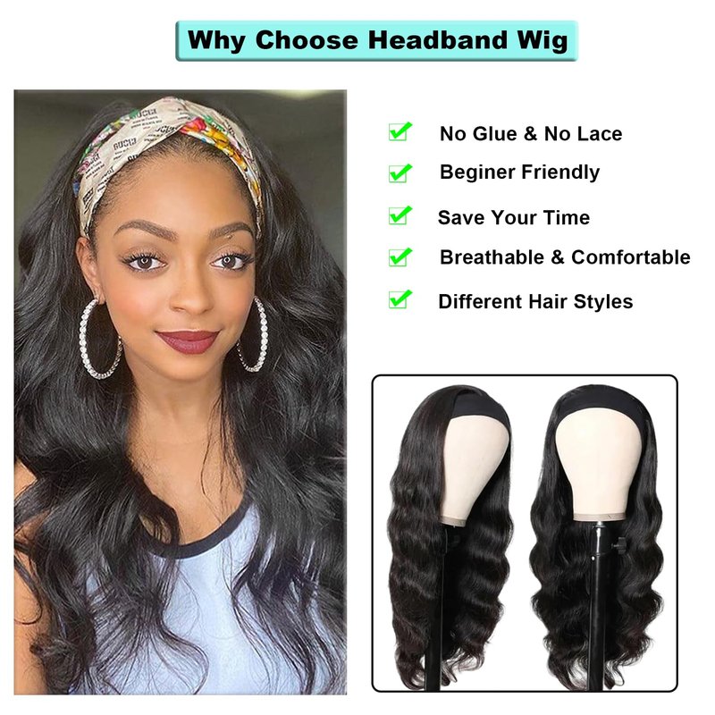 Justres Headband Wigs for Black Women Human Hair 16 Inch Glueless Body Wave Headband Wig Human Hair 100% Brazilian Virgin Hair Machine Made Head band Wig 180% Density
