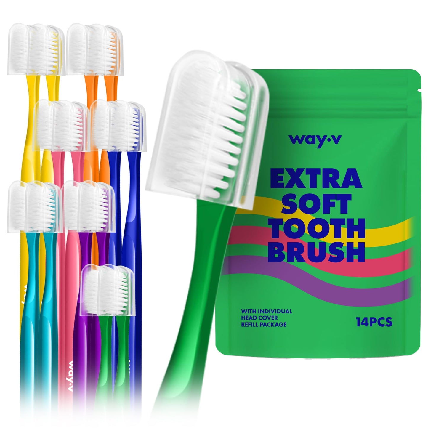 WAY.V Extra Soft Toothbrush Refill for Adults Sensitive Gums and Teeth with Individual Head Covers, 14 Pcs Manual Toothbrushes - Family and Guests - Green (14 Counts, Soft Bristle)
