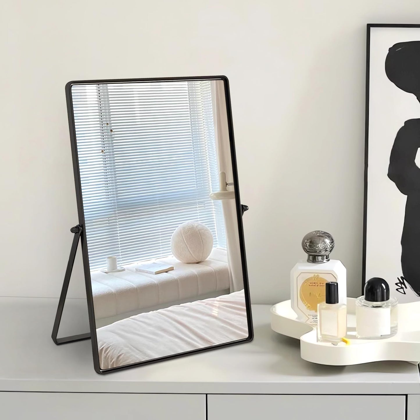 Numjeg Desktop Makeup Mirror with Black Metal Standing 90° Rotation Vanity Table Mirror Portable Cosmetic Mirror for Dressing Room Bedroom Bathroom Rectangle