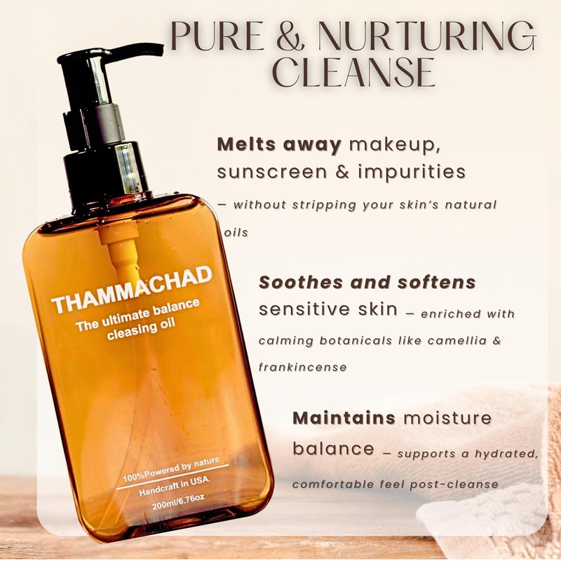 Thammachad Oil Cleanser Makeup Remover - Cleansing Oil for Sensitive Skin with Moringa & Camellia - First-Step Face Cleanser for Sunscreen and Daily Makeup, 200ml