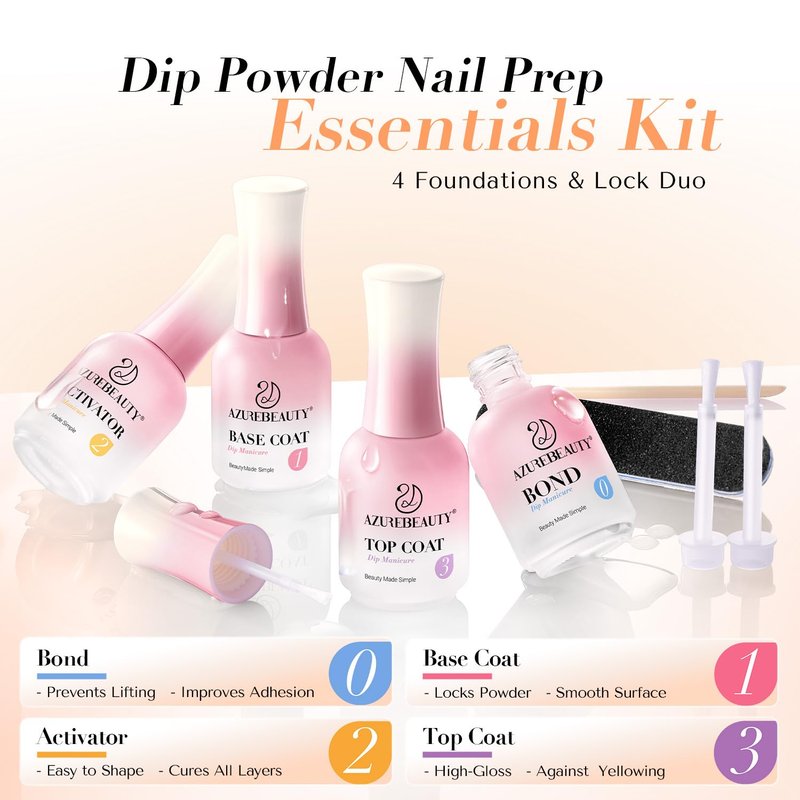 AzureBeauty Dip Powder Liquid Set - 8Pcs 15ml/0.5oz Upgraded Bond, Base Coat, Activator & Top Coat | DIY Home Salon Necessary Tools