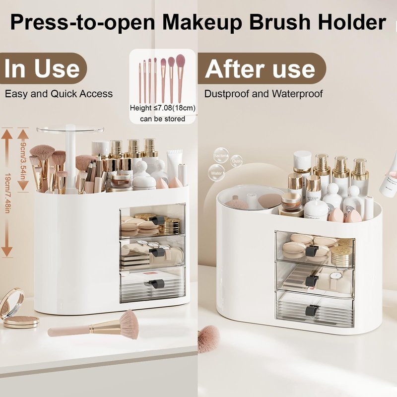 DASITON Makeup Organizer with 3 Drawers,Automatic Lifting Makeup Brush Holder with Lid,Large Capacity Makeup Organizers for Vanity,Bathroom Countertop,Ideal Storage Skin Care,Brushes,Lipstick (White)