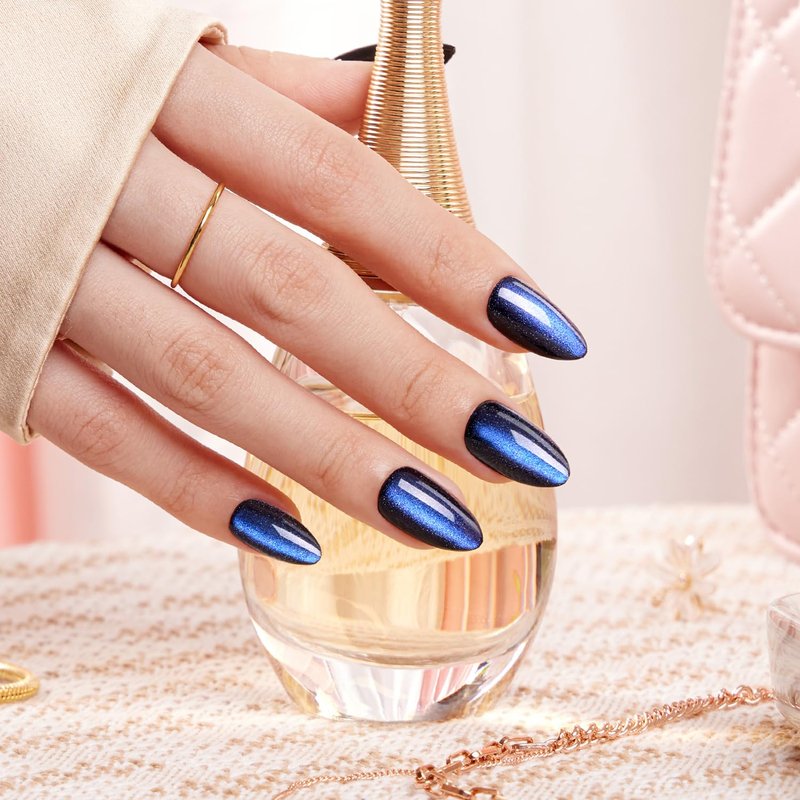 VSALON Press on Nails Short Almond - Blue Cat Eye Chrome Glue On Nails Kit for Women, Reusable Opaque Gel Stick on Nails For 4th of July with Glue & Cuticle Oil - 32 PCS Fake Nails in 16 Sizes